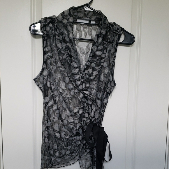 New York & Company Black and Gray Wrap Blouse with Notched Collar - Picture 1 of 6